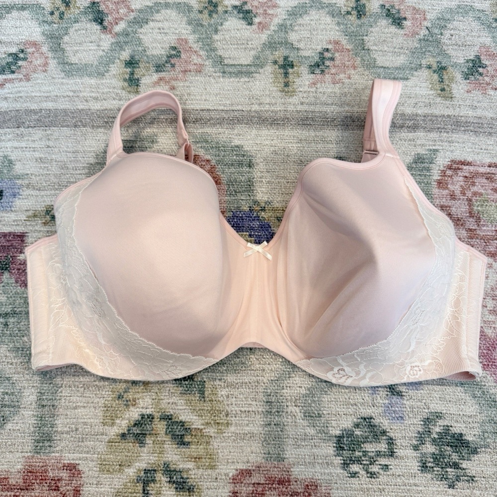 Cacique Womens Pink Lightly Lined Bra Size 46DDD Lace Bow Full Coverage